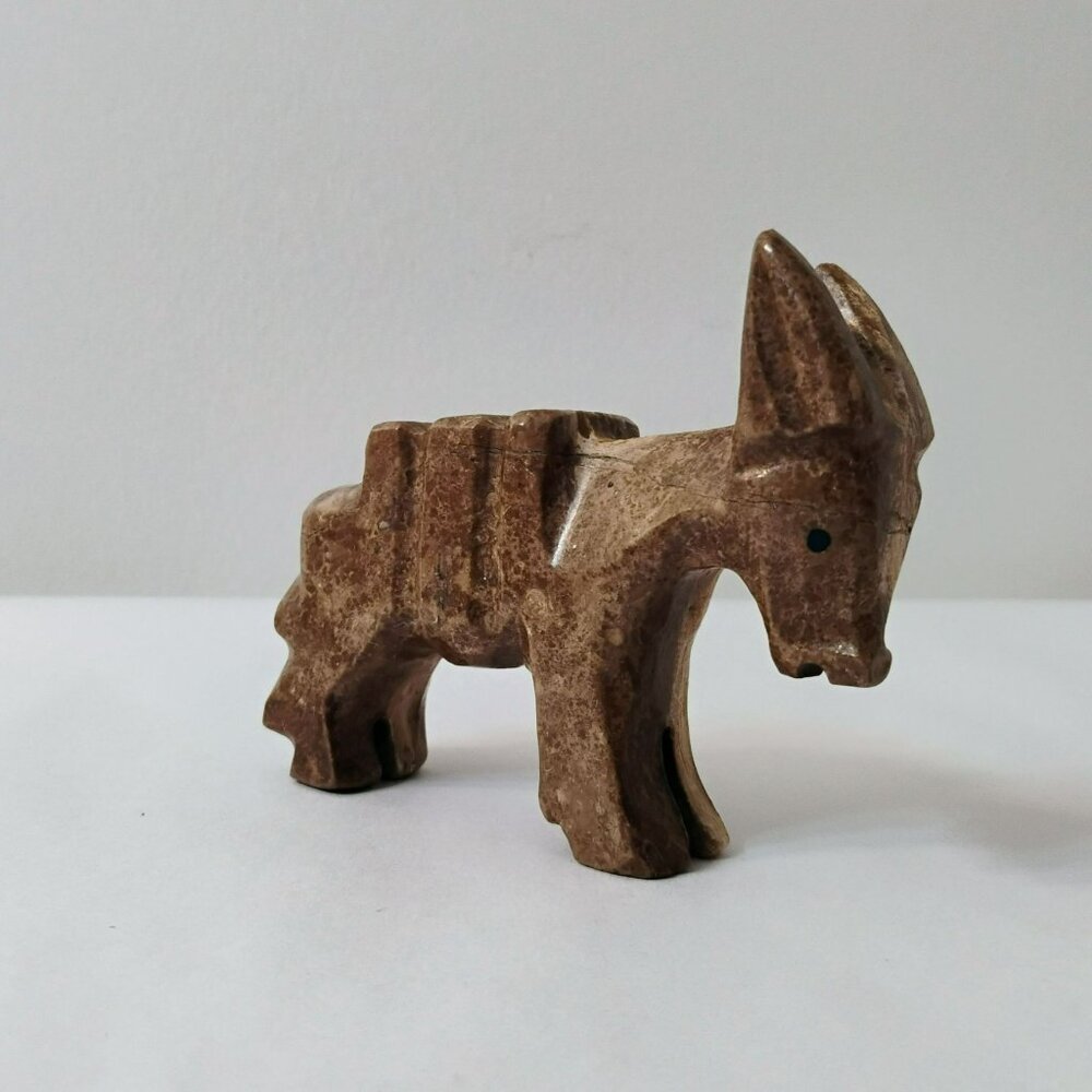 Vintage Stone Donkey Figurine, Jasper Quartz Agate Hand Carved Animal 4"